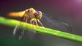 multicolored dragonfly on a blade of grass, macro photo of this elegant and fragile predator with wide wings Royalty Free Stock Photo