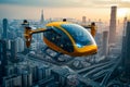 Yellow drone with glass top is flying over city skyline. Generative AI Royalty Free Stock Photo