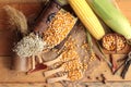 Yellow dry corn grain and corn fresh. Royalty Free Stock Photo