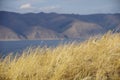 Yellow dry grass. Lake Sevan and mountain range at background. Near Sevanavank Sevan Monastery Royalty Free Stock Photo