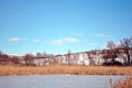 Yellow dry reeds on lake covered with ice bank with willow trees without leaves covered with snow, blue cloudy sky Royalty Free Stock Photo