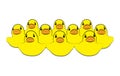 Yellow duck, focus on first, on white background. Business, Leadership, Teamwork or Friendship Concept. Vector