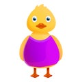 Yellow duck purple clothes icon, cartoon style