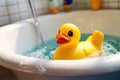 Yellow duck toy in the bathtub. Bath time concept. Generative AI Royalty Free Stock Photo