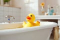 Yellow duck toy in the bathtub. Bath time concept. Generative AI Royalty Free Stock Photo