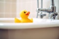 Yellow duck toy in the bathtub. Bath time concept. Generative AI Royalty Free Stock Photo