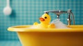 Yellow duck toy in the bathtub. Generative AI Royalty Free Stock Photo