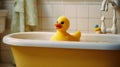 Yellow duck toy in the bathtub. Generative AI Royalty Free Stock Photo