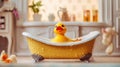 Yellow duck toy in the bathtub. Generative AI Royalty Free Stock Photo