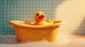 Yellow duck toy in the bathtub. Generative AI Royalty Free Stock Photo