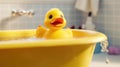 Yellow duck toy in the bathtub. Generative AI Royalty Free Stock Photo