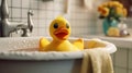 Yellow duck toy in the bathtub. Generative AI Royalty Free Stock Photo