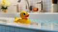 Yellow duck toy in the bathtub. Generative AI Royalty Free Stock Photo