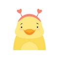 Yellow duckling wearing a headband with heart shape ears, cute cartoon animal character avatar vector Illustration