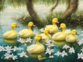 7 yellow ducklings swimming in a lake in the spring surrounded by white lilies Royalty Free Stock Photo