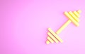 Yellow Dumbbell icon isolated on pink background. Muscle lifting icon, fitness barbell, gym, sports equipment, exercise