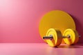 Yellow dumbbell on pink background with circle Royalty Free Stock Photo