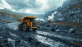 Yellow dump truck on dirt road in coal mine under cloudy sky Royalty Free Stock Photo