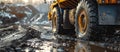 Yellow Dump Truck Driving on Muddy Road Royalty Free Stock Photo