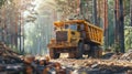 Yellow dump truck in a forest carrying logs. Forestry and logging industry concept