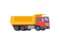 Yellow dump truck with red cabin