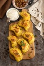 Yellow dumplings with turmeric, fried onions and parsley Royalty Free Stock Photo