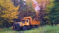 Yellow dumptruck sits idle under autumn leaves