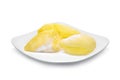 Yellow durian fruit in the white plate isolated on white