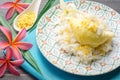 Yellow durian with sweet sticky rice and coconut milk. Thai dessert style.