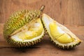 Yellow durian on wood table, Fresh fruit from orchard, King of fruit from Thailand