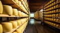 Yellow Dutch Cheese Wheels Aging on Wooden Shelves in Cheese Factory