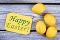 Yellow dyed eggs on wood. Royalty Free Stock Photo