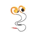 Yellow earphones or earbuds with adapter cord, music technology accessory cartoon vector Illustration