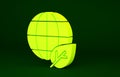 Yellow Earth globe and leaf icon isolated on green background. World or Earth sign. Geometric shapes. Environmental