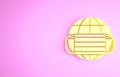 Yellow Earth globe with medical mask icon isolated on pink background. Minimalism concept. 3d illustration 3D render Royalty Free Stock Photo