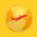 Yellow Earth Globe with Red Jet Passenger`s Airplane in Duotone Style. 3d Rendering
