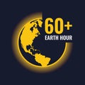 Yellow earth world and light sign and Earth hour 60+ text vector design