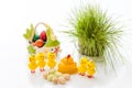 Yellow Easter Chicks and basket ceramic Easter eggs on a light background. Copy space. Royalty Free Stock Photo