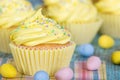 Yellow Easter cupcake with sprinkles and candy eggs Royalty Free Stock Photo