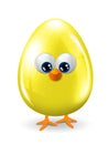 Yellow easter egg with eyes, beak and legs over white b