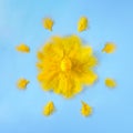 Yellow Easter egg with feathers forming a shape of the sun with rays