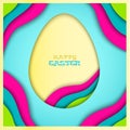 Yellow Easter Egg on sky blue background with colorful waves. Happy Easter greeting text. Bright design card in paper-cut s