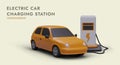 Yellow electric car is connected to charging station. Process of charging car battery Royalty Free Stock Photo
