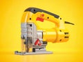 Yellow electric jigsaw on yellow background. Electric tool for carpenter