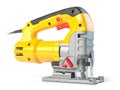 Yellow electric jigsaw on yellow background. Electric tool for carpenter