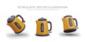 Yellow electric kettle in different positions. Device for heating water