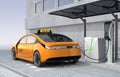 Yellow electric taxi charging in charging station