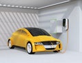 Yellow electric vehicle recharging in garage