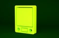 Yellow Electronic scales icon isolated on green background. Weight measure equipment. Minimalism concept. 3d