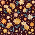 Yellow embroidered flowers. Floral seamless pattern. Print for fabric, textile